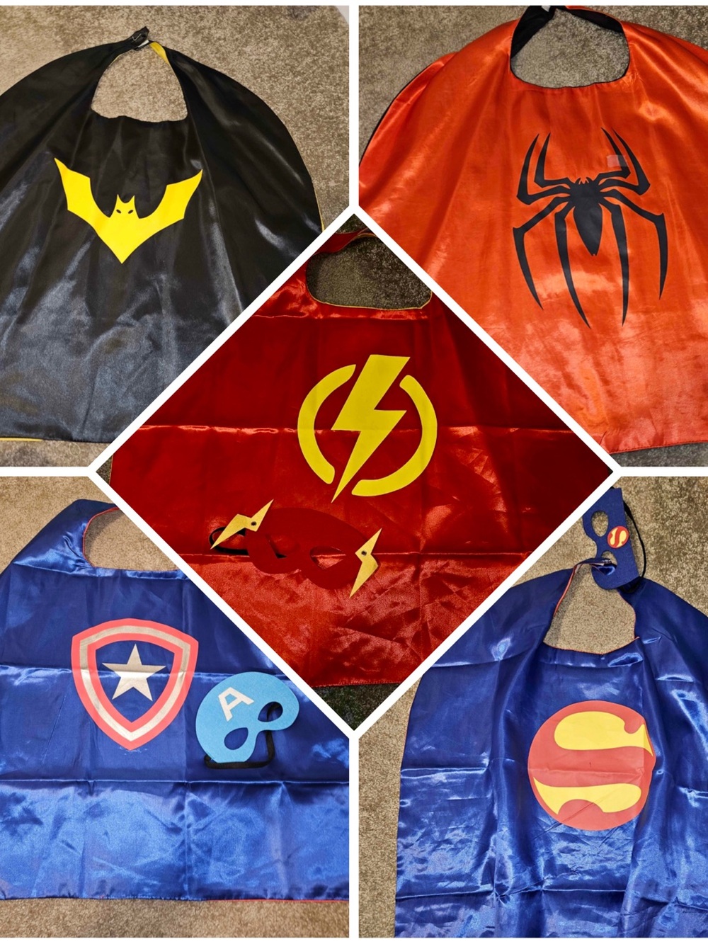 Kids Superhero Capes - Batman, Flash, Captain America, Superman, Spider-Man